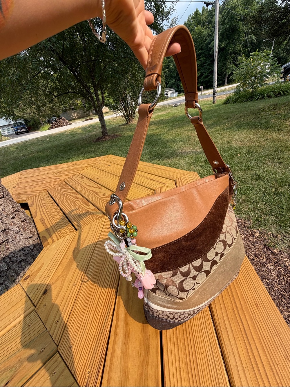 Coach Patchwork Signature Shoulder Bag in Brown and Tan
